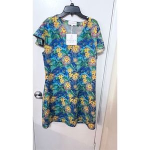 Chelsea Gunn Womens Tunic Blouse Short Sleeve Floral Blue Yellow Large